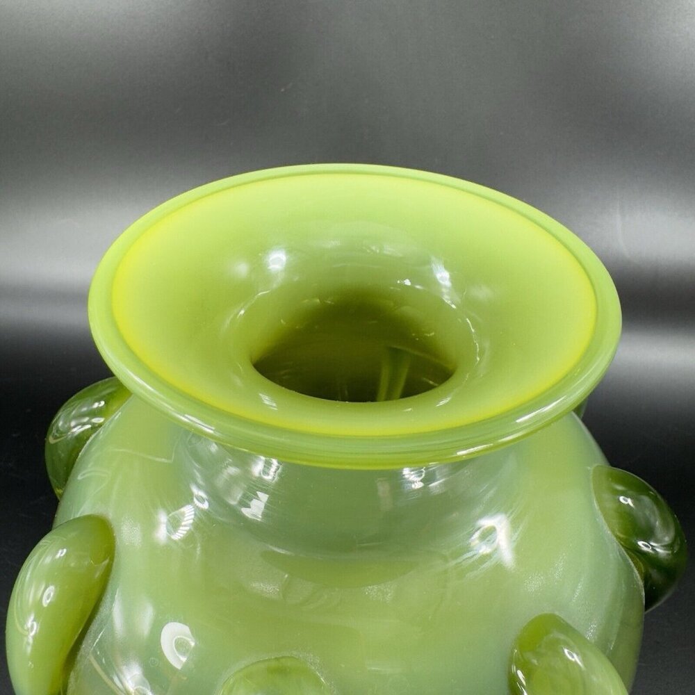 Antique Bohemian Hand Blown Green Opalescent Applied Glass Vase Vessel‎ Vintage - Picture 13 of 16